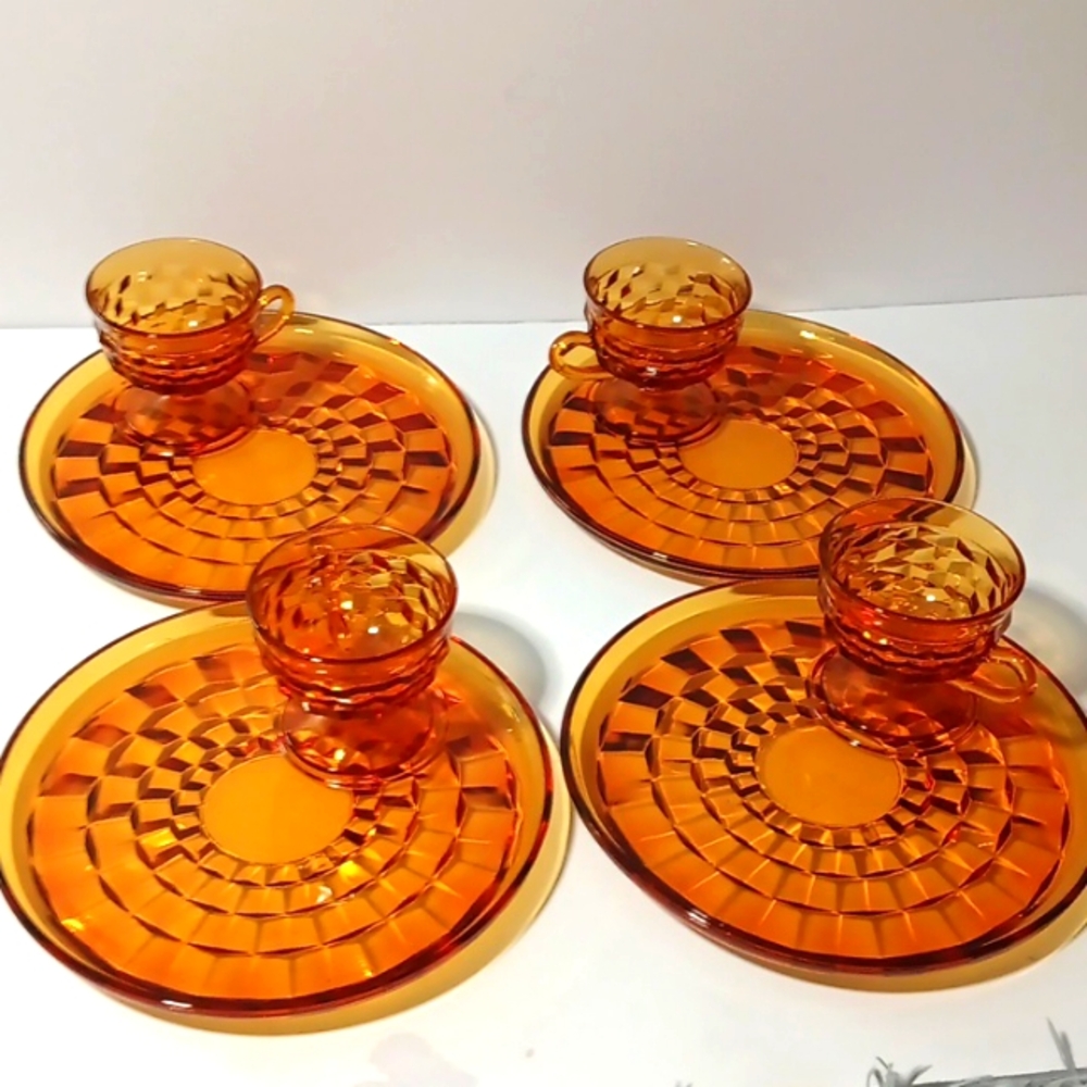 Vintage Indiana Glass Whitehall Cube Amber 4 Place Snack Set, dinner party